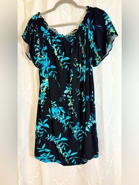 ANA Black Floral Off Shoulder Dress | Teal Blue Botanical Peasant Mini | Large